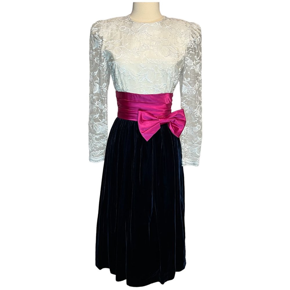 Vintage white lace and blue velvet dress with hot pink waist